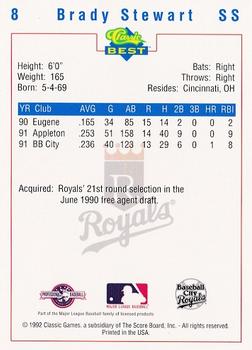 1992 Classic Best Baseball City Royals #8 Brady Stewart Back