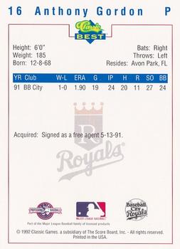 1992 Classic Best Baseball City Royals #16 Anthony Gordon Back