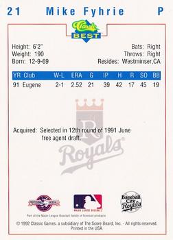 1992 Classic Best Baseball City Royals #21 Mike Fyhrie Back