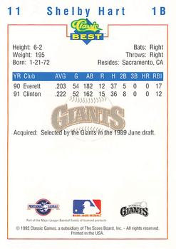1992 Classic Best Everett Giants #11 Shelby Hart Back