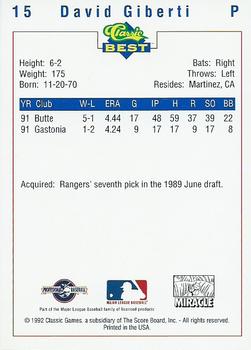 1992 Classic Best Fort Myers Miracle #15 David Giberti Back