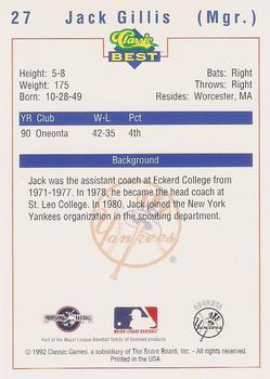 1992 Classic Best Oneonta Yankees #27 Jack Gillis Back