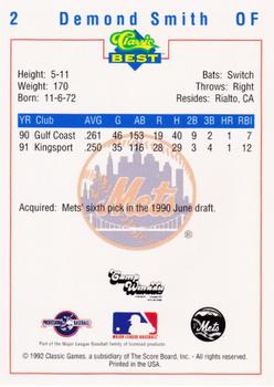 1992 Classic Best Pittsfield Mets #2 Demond Smith Back