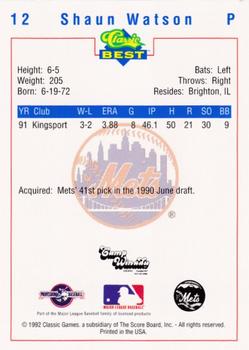 1992 Classic Best Pittsfield Mets #12 Shaun Watson Back