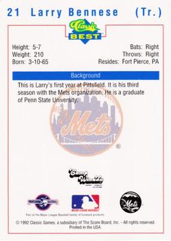 1992 Classic Best Pittsfield Mets #21 Larry Bennese Back