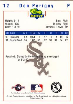1992 Classic Best Sarasota White Sox #12 Don Perigny Back