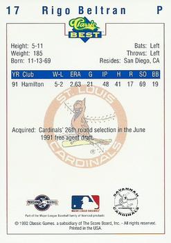 1992 Classic Best Savannah Cardinals #17 Rigo Beltran Back