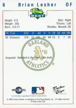 1992 Classic Best Southern Oregon A's #6 Brian Lesher Back