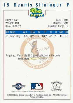 1992 Classic Best Springfield Cardinals #15 Dennis Slininger Back