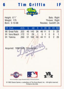 1992 Classic Best Vero Beach Dodgers #6 Tim Griffin Back
