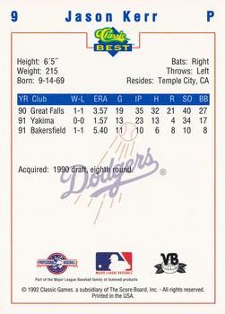 1992 Classic Best Vero Beach Dodgers #9 Jason Kerr Back