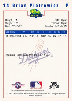 1992 Classic Best Vero Beach Dodgers #14 Brian Piotrowicz Back