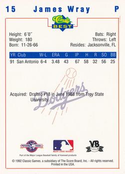 1992 Classic Best Vero Beach Dodgers #15 James Wray Back