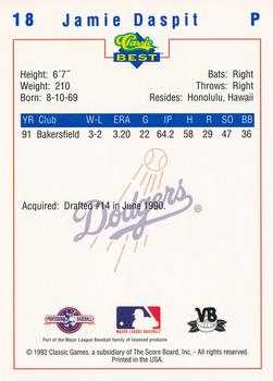 1992 Classic Best Vero Beach Dodgers #18 Jamie Daspit Back