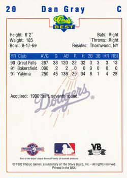 1992 Classic Best Vero Beach Dodgers #20 Dan Gray Back