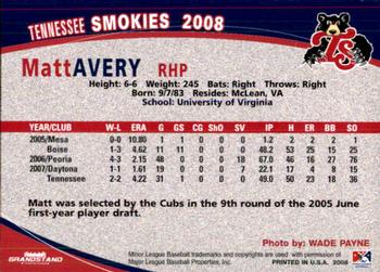 2008 Grandstand Tennessee Smokies #NNO Matt Avery Back