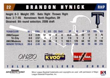 2008 Grandstand Tulsa Drillers #13 Brandon Hynick Back