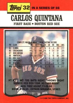 1990 Topps TV Boston Red Sox #32 Carlos Quintana Back