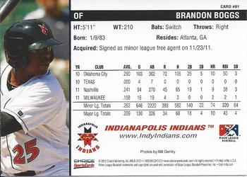 2012 Choice Indianapolis Indians #1 Brandon Boggs Back