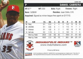 2012 Choice Indianapolis Indians #2 Daniel Cabrera Back