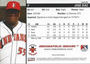 2012 Choice Indianapolis Indians #5 Jose Diaz Back