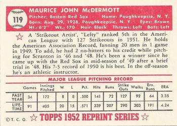 1983 Topps 1952 Reprint Series #119 Maurice McDermott Back