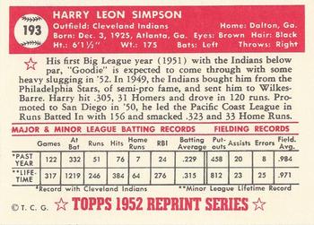 1983 Topps 1952 Reprint Series #193 Harry Simpson Back