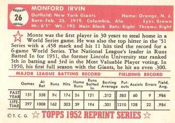 1983 Topps 1952 Reprint Series #26 Monte Irvin Back