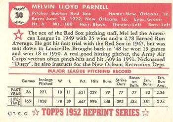 1983 Topps 1952 Reprint Series #30 Mel Parnell Back