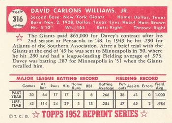 1983 Topps 1952 Reprint Series #316 Davey Williams Back