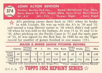 1983 Topps 1952 Reprint Series #374 Al Benton Back