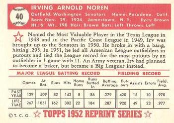 1983 Topps 1952 Reprint Series #40 Irv Noren Back