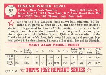 1983 Topps 1952 Reprint Series #57 Ed Lopat Back