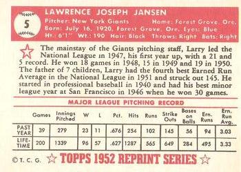 1983 Topps 1952 Reprint Series #5 Larry Jansen Back