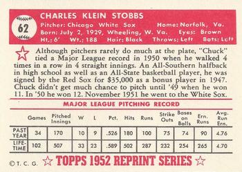 1983 Topps 1952 Reprint Series #62 Chuck Stobbs Back