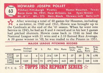 1983 Topps 1952 Reprint Series #63 Howie Pollet Back
