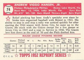 1983 Topps 1952 Reprint Series #74 Andy Hansen Back