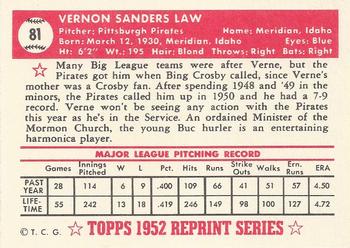 1983 Topps 1952 Reprint Series #81 Vernon Law Back