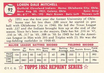 1983 Topps 1952 Reprint Series #92 Dale Mitchell Back