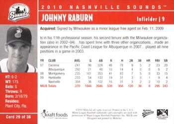 2010 MultiAd Nashville Sounds #29 Johnny Raburn Back