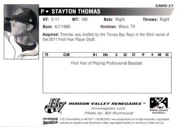 2011 Choice Hudson Valley Renegades #27 Stayton Thomas Back