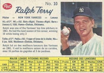 1962 Post Cereal Canadian #10 Ralph Terry Front