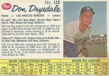 1962 Post Cereal Canadian #110 Don Drysdale Front