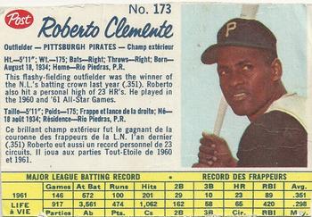 1962 Post Cereal Canadian #173 Roberto Clemente Front