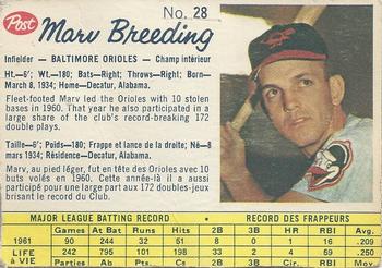 1962 Post Cereal Canadian #28 Marv Breeding Front