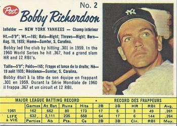 1962 Post Cereal Canadian #2 Bobby Richardson Front