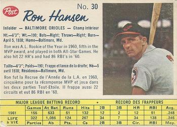 1962 Post Cereal Canadian #30 Ron Hansen Front