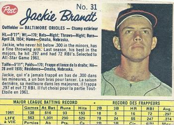 1962 Post Cereal Canadian #31 Jackie Brandt Front