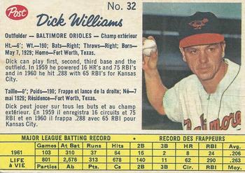 1962 Post Cereal Canadian #32 Dick Williams Front