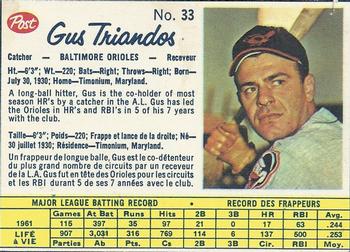 1962 Post Cereal Canadian #33 Gus Triandos Front
